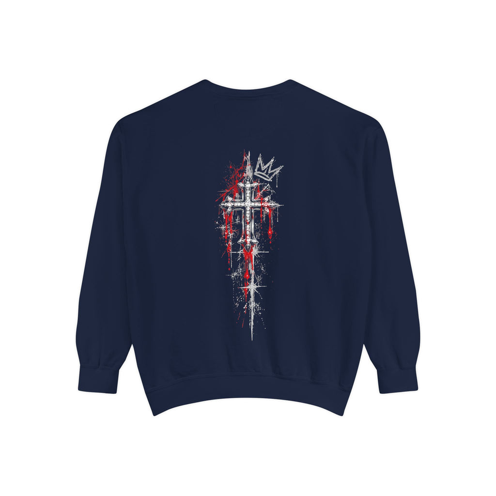 Navy sweatshirt back featuring a gothic dripping cross and jagged crown graphic in white and red.