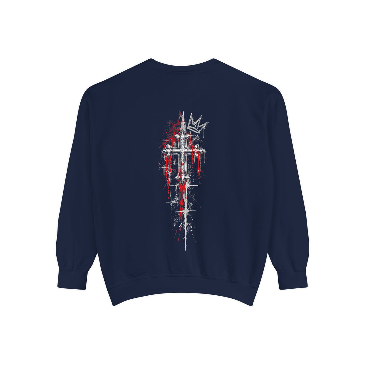 Navy sweatshirt back featuring a gothic dripping cross and jagged crown graphic in white and red.