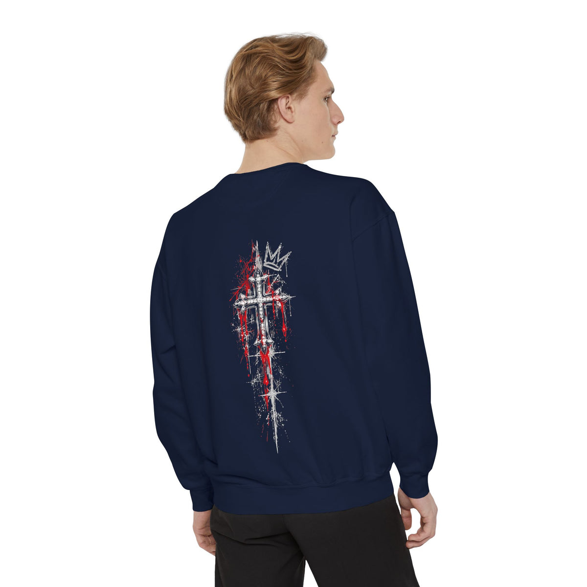 Navy sweatshirt back featuring gothic cross and crown graphic with red splatter details and distressed textures.