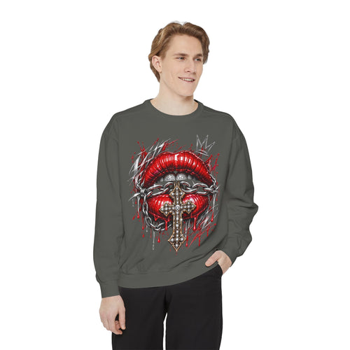 Gothic sweatshirt featuring red lips, chain, jeweled cross, and crown graphic on dark grey fabric.