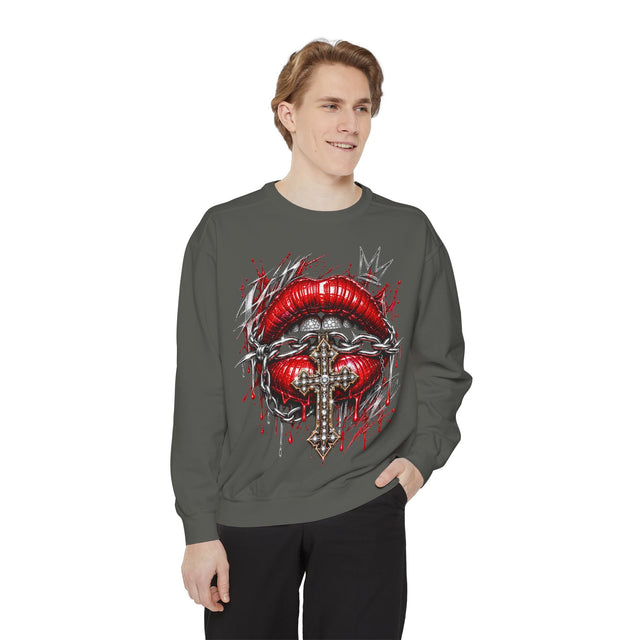 Gothic sweatshirt featuring red lips, chain, jeweled cross, and crown graphic on dark grey fabric.