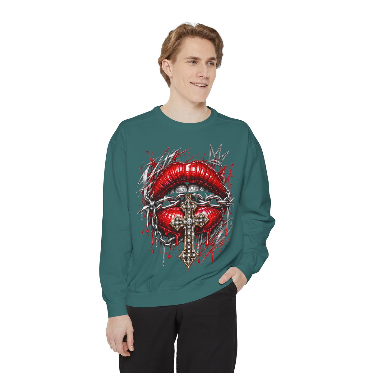 Gothic sweatshirt featuring red lips, diamond cross, chains, and crown graphic on teal fabric.