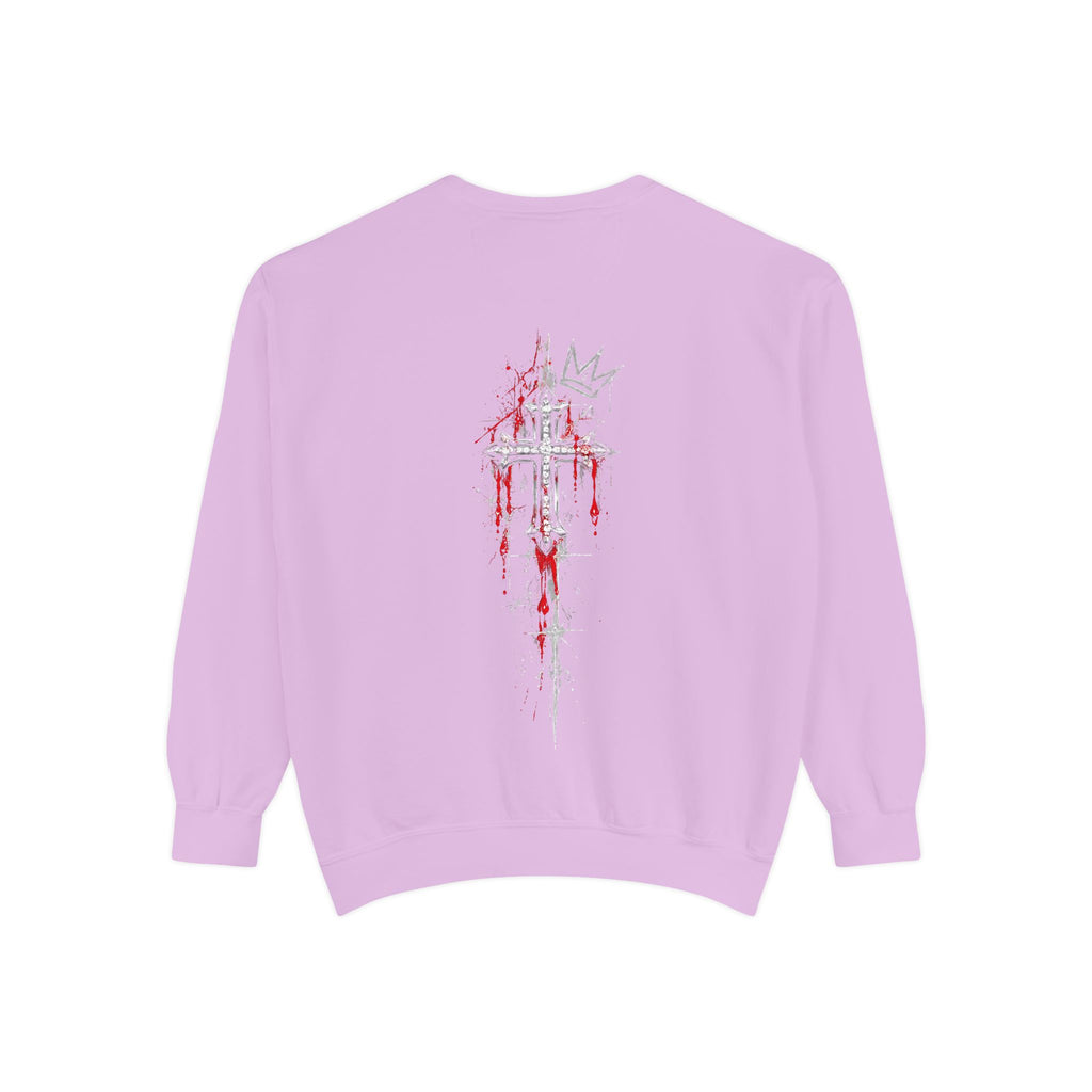 Back of light purple sweatshirt featuring a gothic silver cross with red splatters and a crown outline.