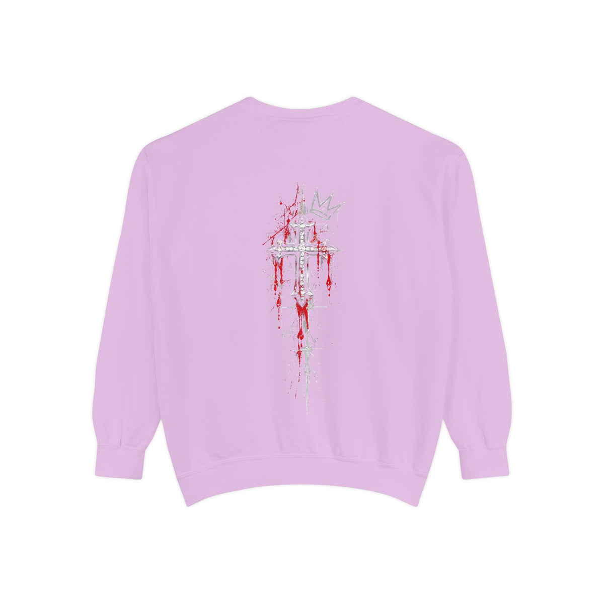 Back of light purple sweatshirt featuring a gothic silver cross with red splatters and a crown outline.