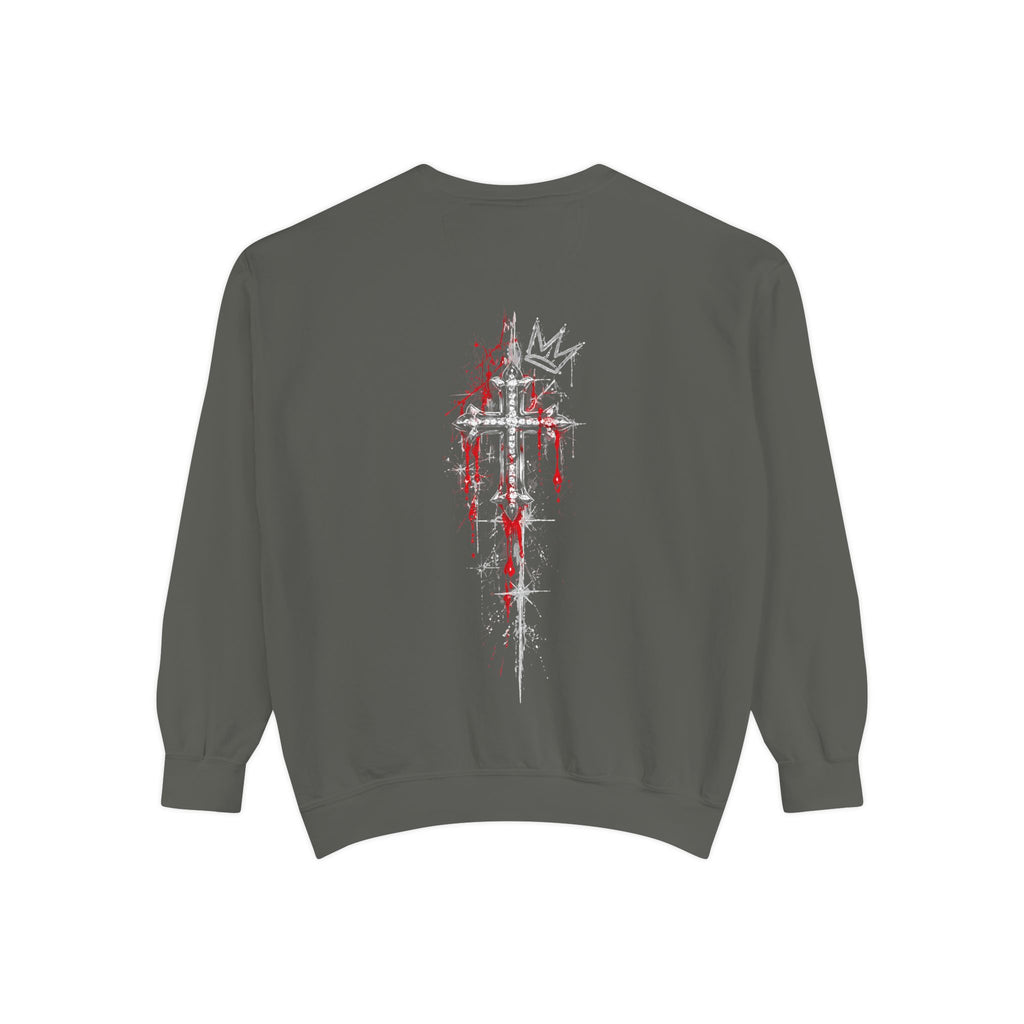 Back of grey sweatshirt featuring a distressed white cross and crown with red splatter details in a gothic style.