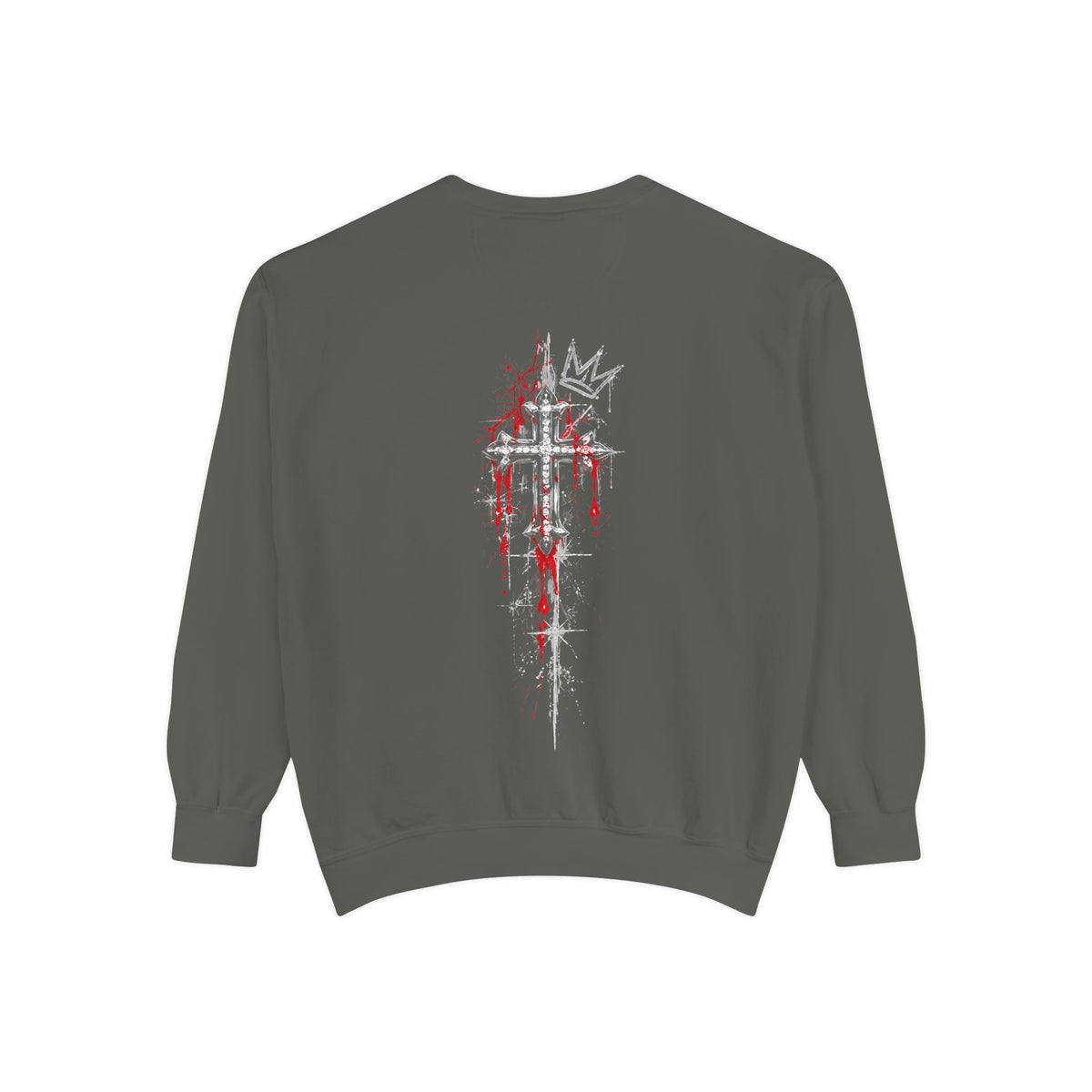 Back of grey sweatshirt featuring a distressed white cross and crown with red splatter details in a gothic style.