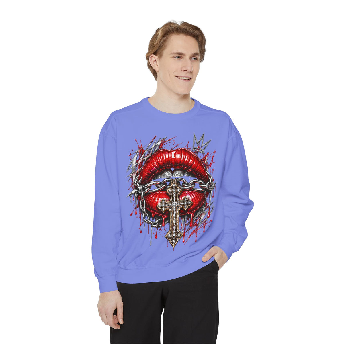 Gothic style sweatshirt featuring glossy red lips, barbed wire, jeweled cross, and crown graphic on purple fabric.