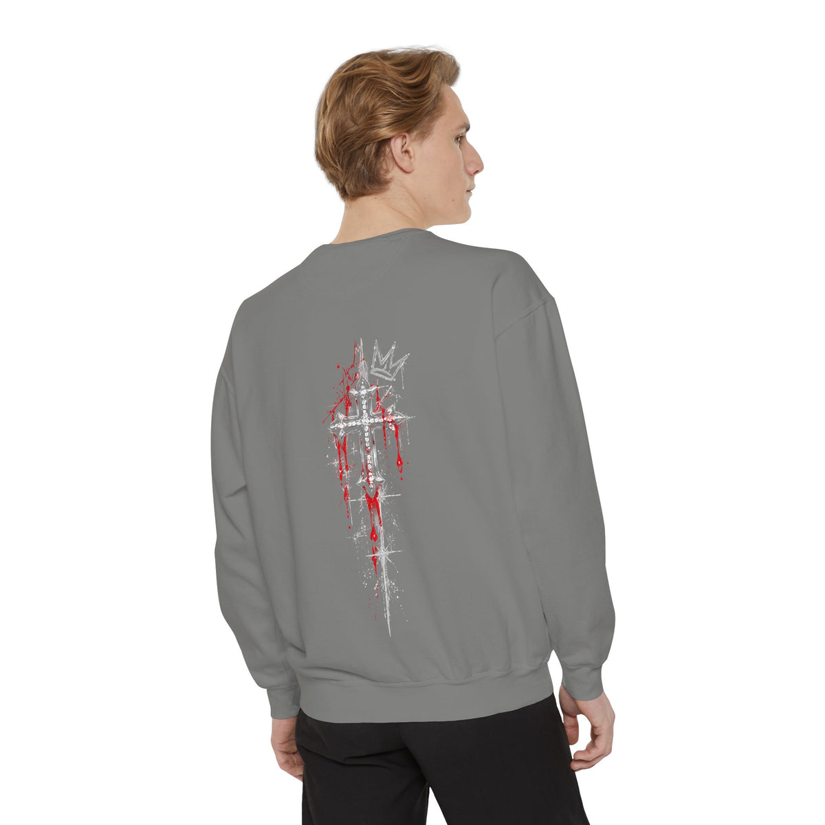 Back view of gray gothic crowned skull sweatshirt featuring a distressed white cross with red dripping paint and crown graphic.