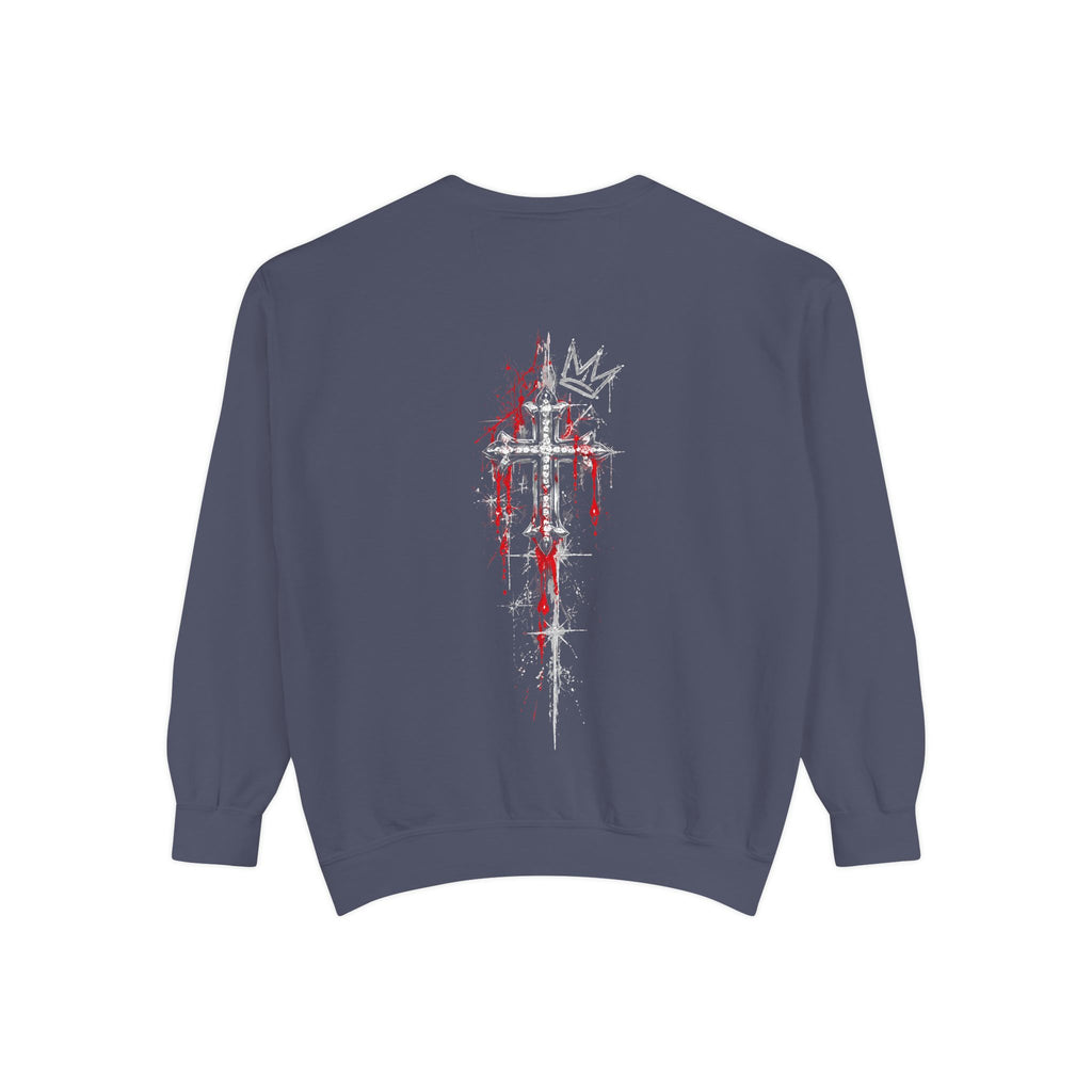 Gothic sweatshirt back featuring a distressed white cross, red splatter details, and a crown motif on dark grey fabric.