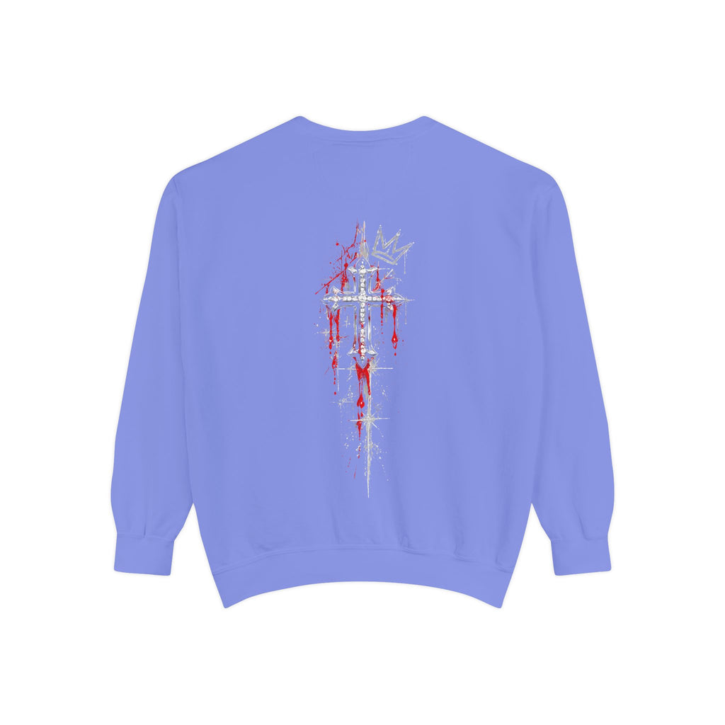 Back of purple sweatshirt featuring gothic dripping cross and crown graphic with red splatter details.
