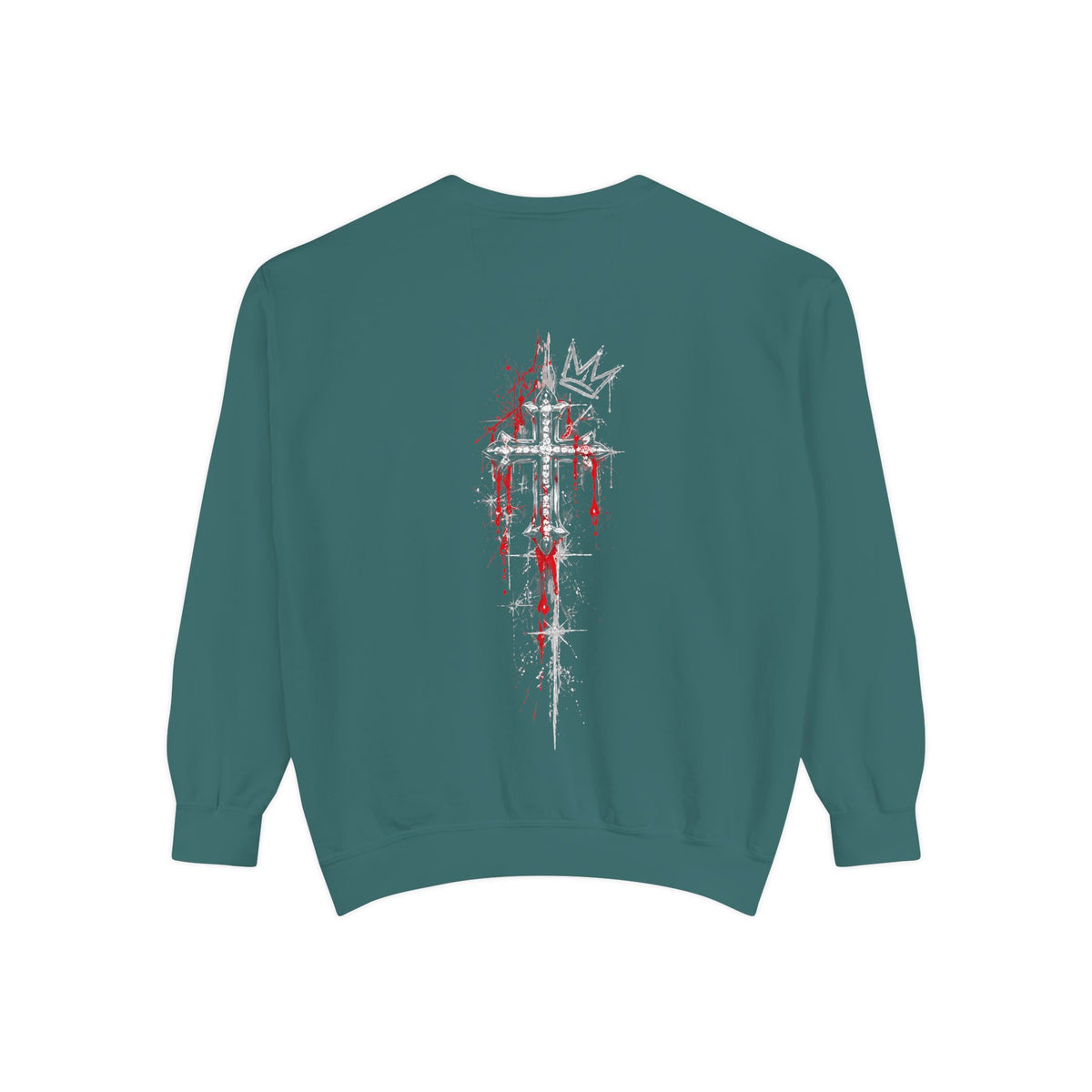 Teal sweatshirt back featuring a distressed white cross with red splatters and a crown graphic. Gothic streetwear design.