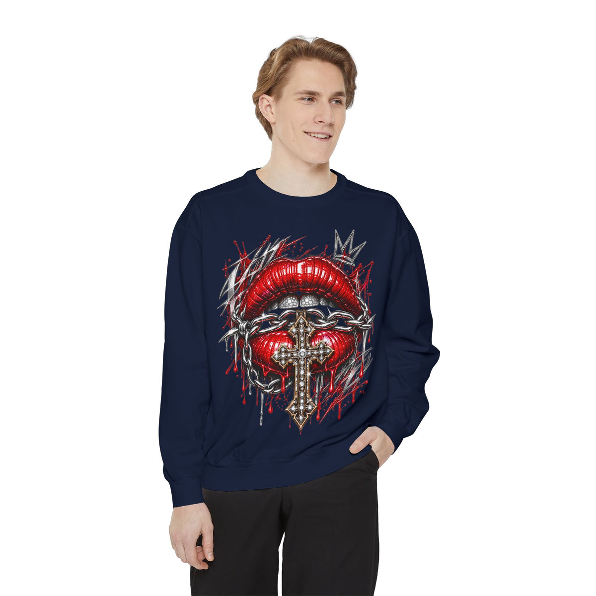 Gothic navy sweatshirt featuring red lips, barred teeth, jeweled cross, chains, and crown graphic.