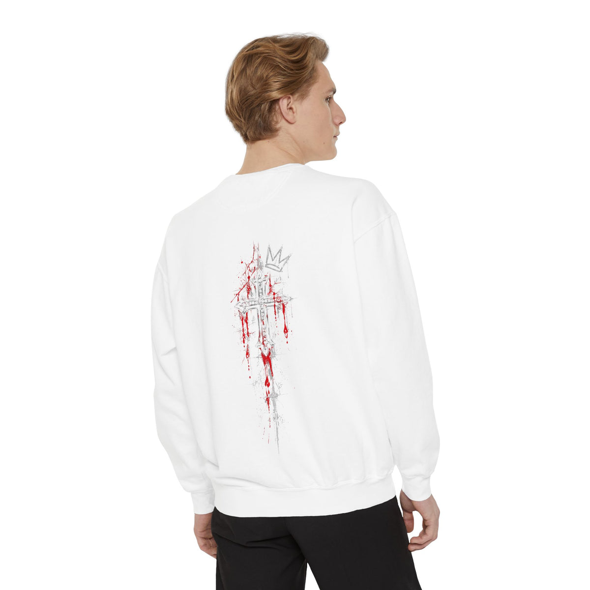 Back view of white Gothic Crowned Skull Sweatshirt featuring red dripping cross and crown graphic on rear.