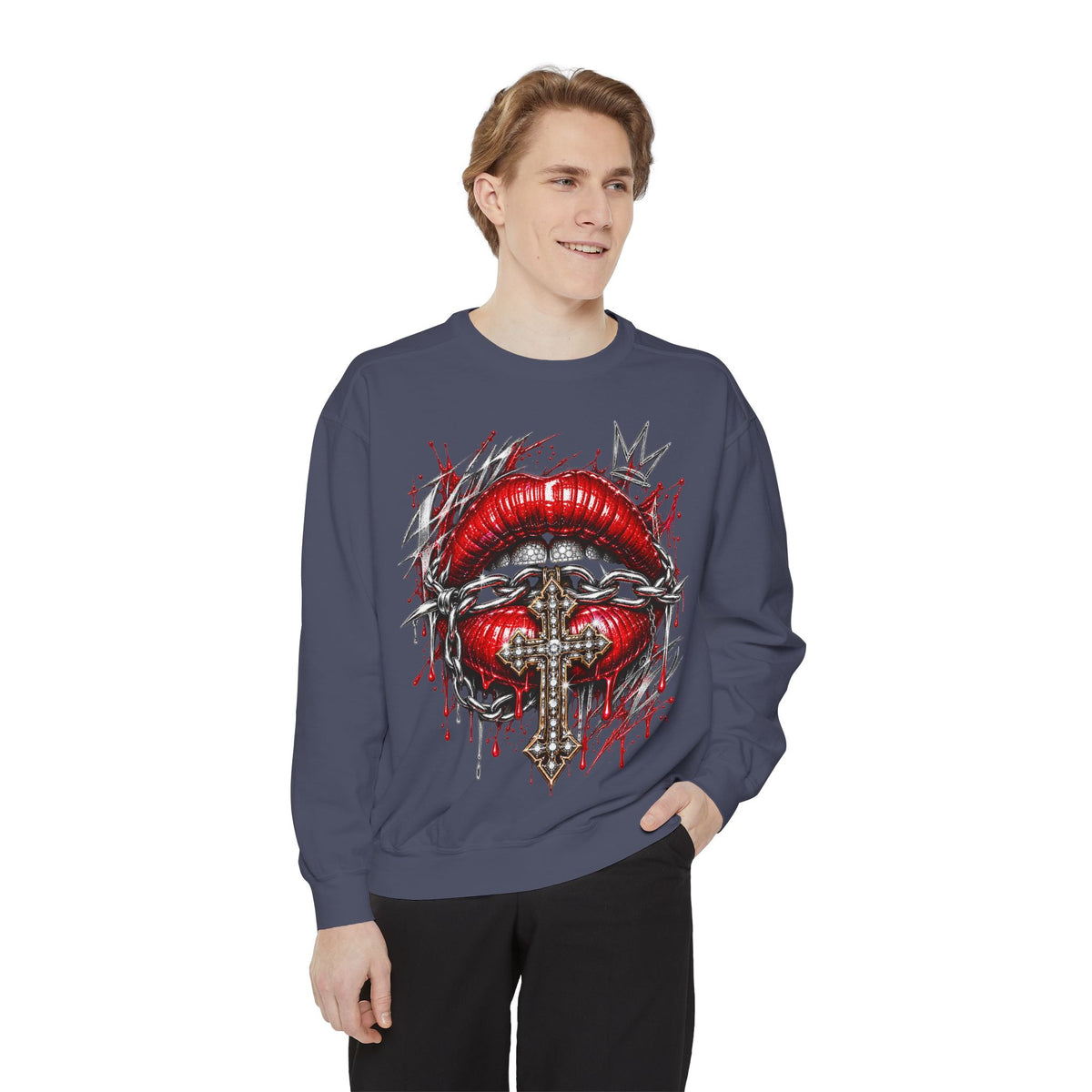 Gothic crown sweatshirt featuring red lips, chains, and jeweled cross graphic for dark streetwear style.