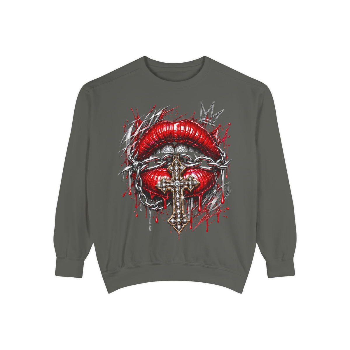 Gothic sweatshirt featuring red lips with crystal cross, barbed wire chains, dripping blood, and crown sketch on grey fabric.