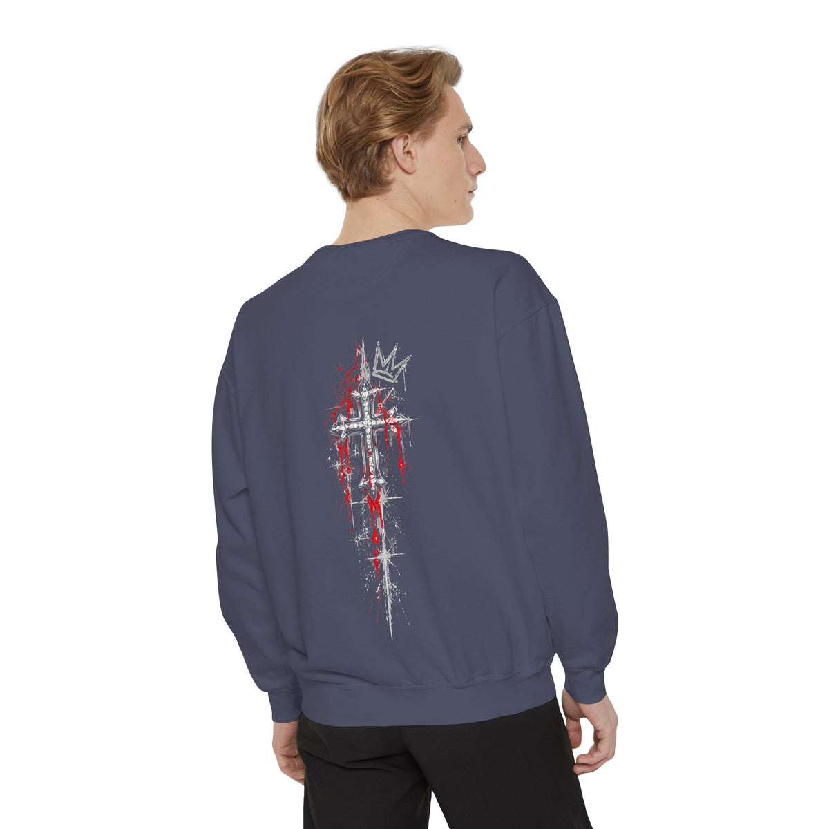 Back view of navy gothic crowned skull sweatshirt featuring red dripping cross and crown design on rear.