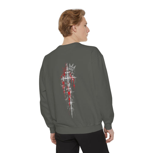 Back of grey gothic crown skull sweatshirt featuring distressed cross and red drip graphic on the rear.