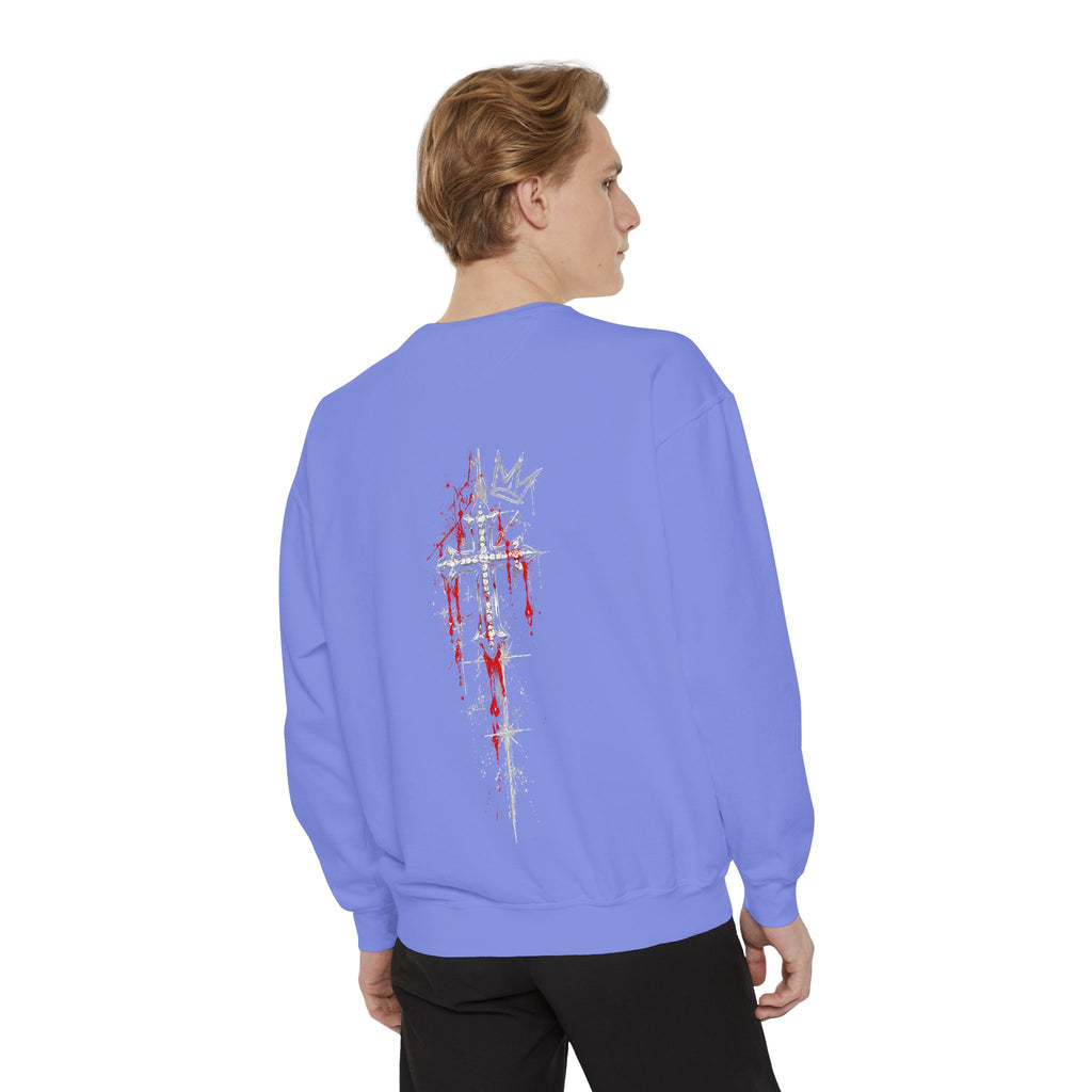 Back view of purple Gothic Crowned Skull Sweatshirt featuring a dripping red cross and crown graphic on the rear.