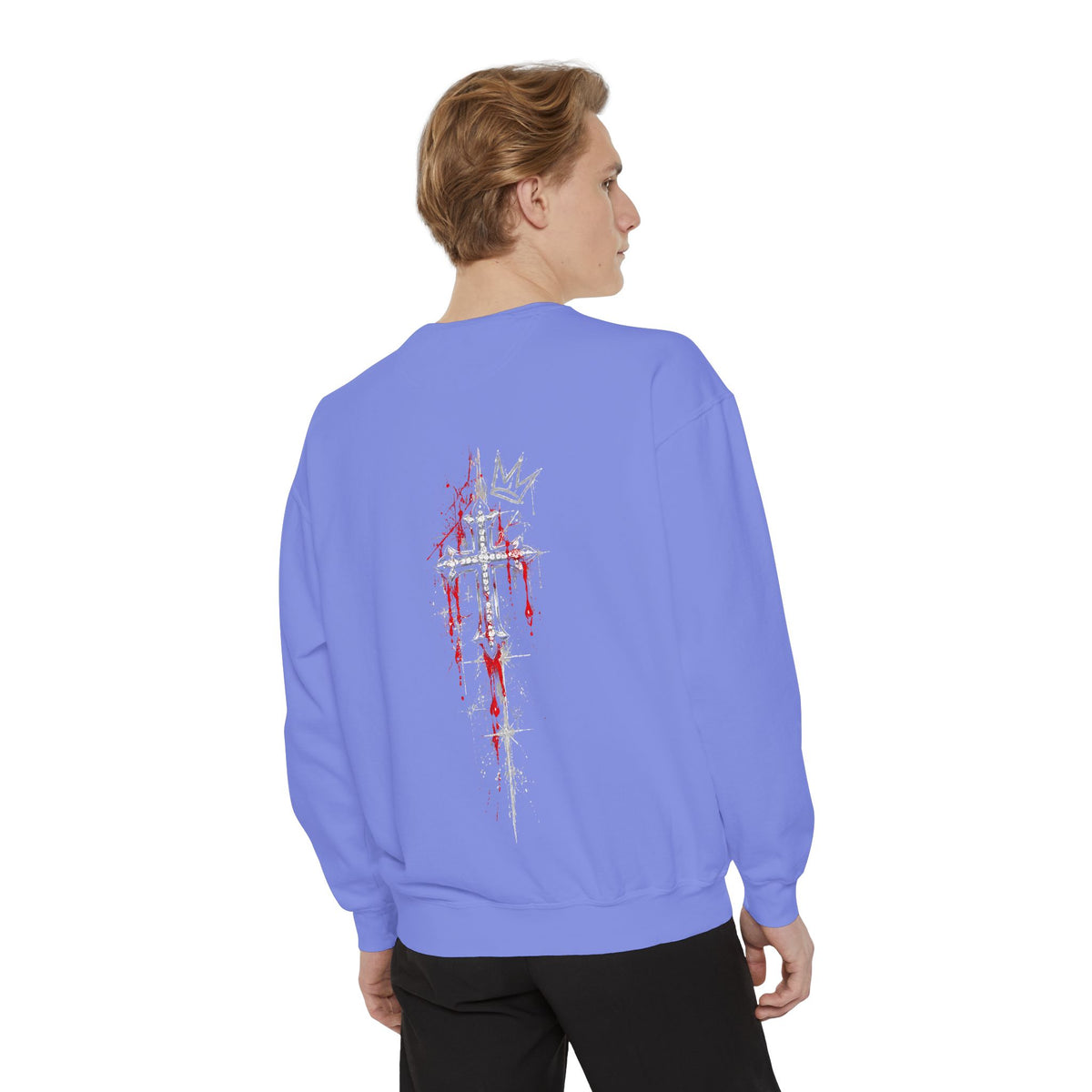 Back view of purple Gothic Crowned Skull Sweatshirt featuring a dripping red cross and crown graphic on the rear.