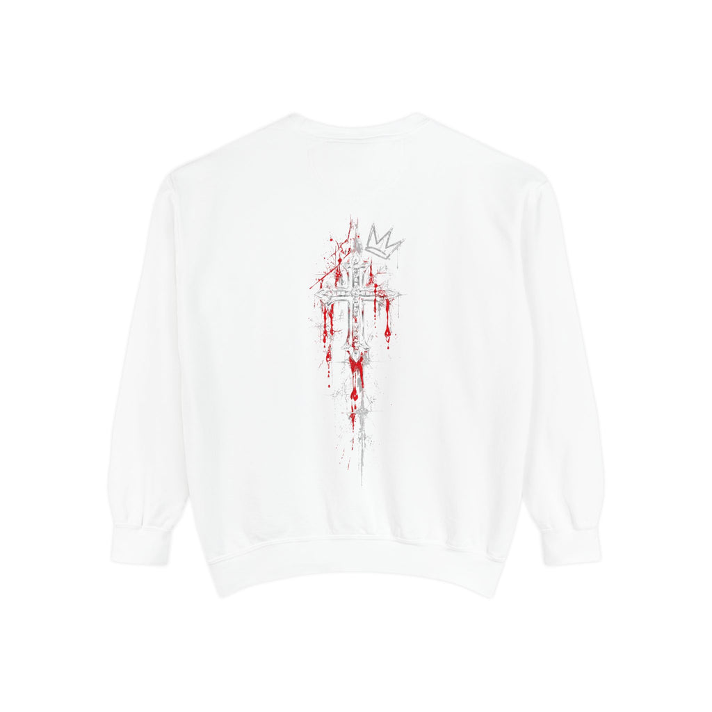 Back of white sweatshirt featuring a gothic spiked cross with red dripping blood and a grey crown sketch.