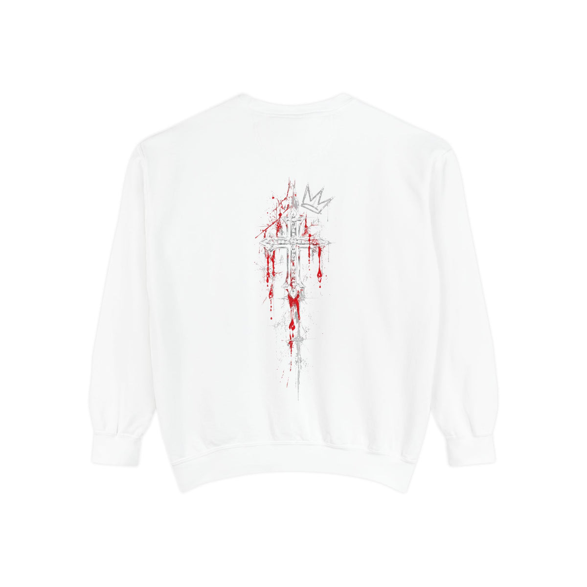 Back of white sweatshirt featuring a gothic spiked cross with red dripping blood and a grey crown sketch.