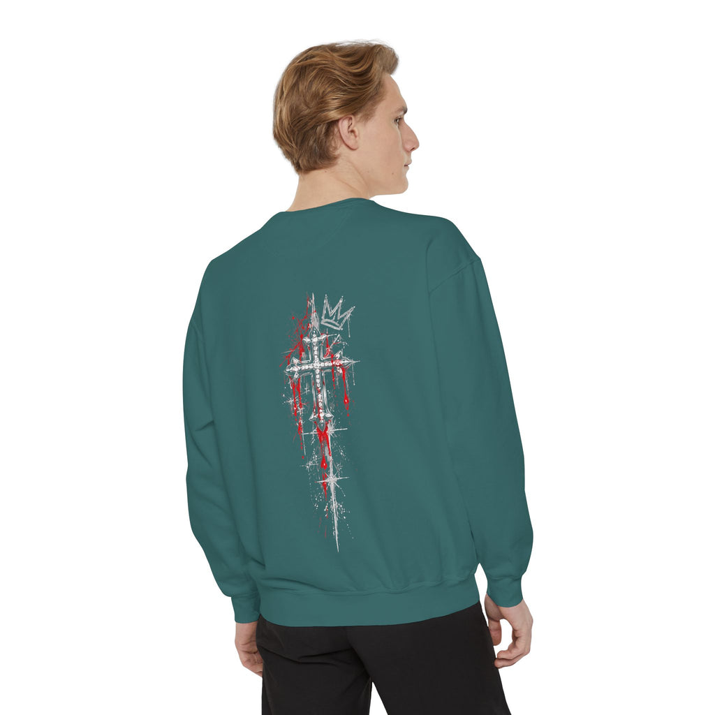 Gothic sweatshirt back view featuring a distressed white cross with dripping red paint and a crown graphic on teal fabric.