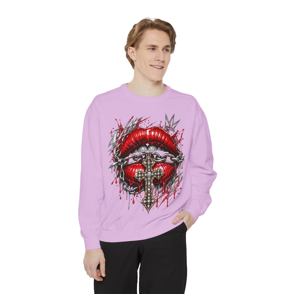Lavender sweatshirt featuring gothic red lips, jeweled cross, chains, and crown graphic for dark streetwear style.