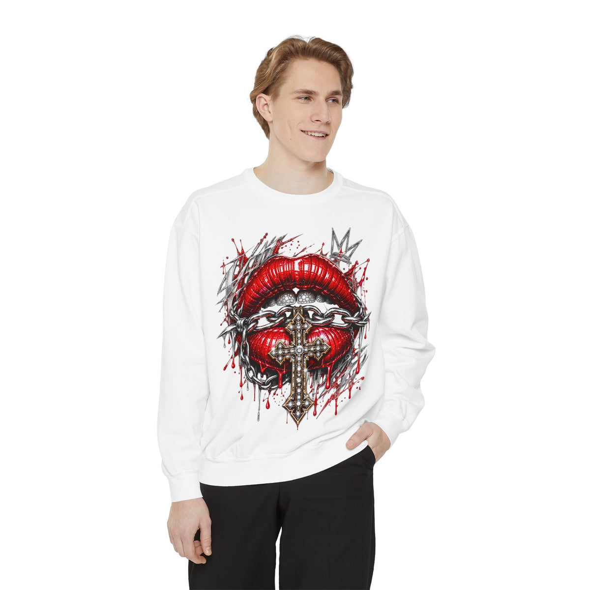 White gothic sweatshirt featuring red lips, chains, jeweled cross, and crown. Dark streetwear graphic top.