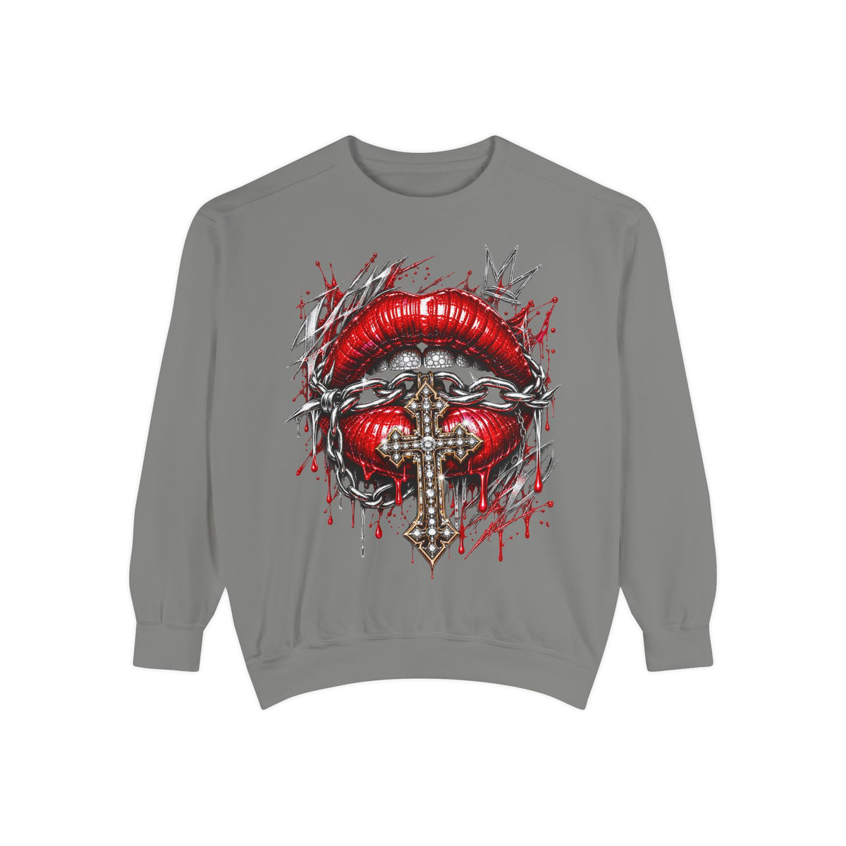Grey sweatshirt featuring gothic red glossy lips, barbed wire, jeweled cross, and crown sketch with red splatter effects.