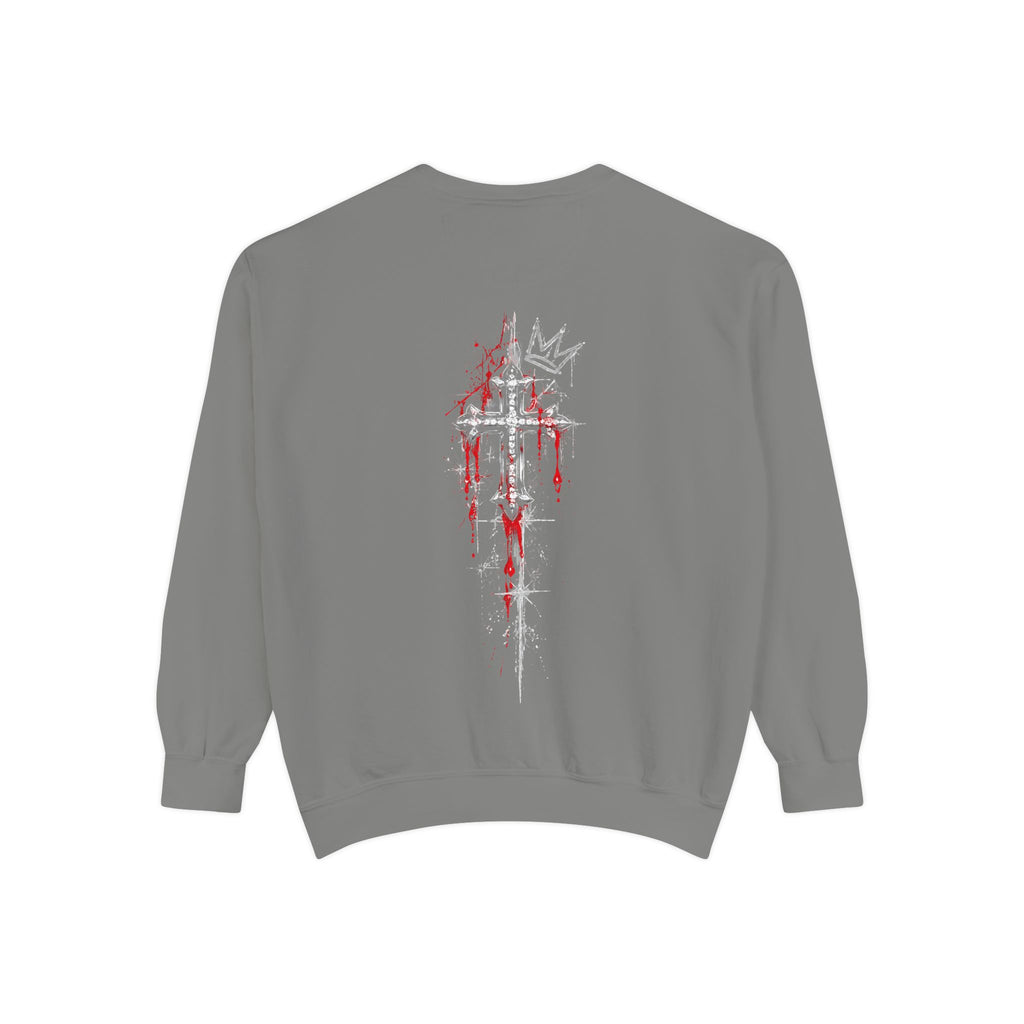 Gray sweatshirt back featuring a distressed white cross with red splatters and a crown, embodying gothic streetwear aesthetics.