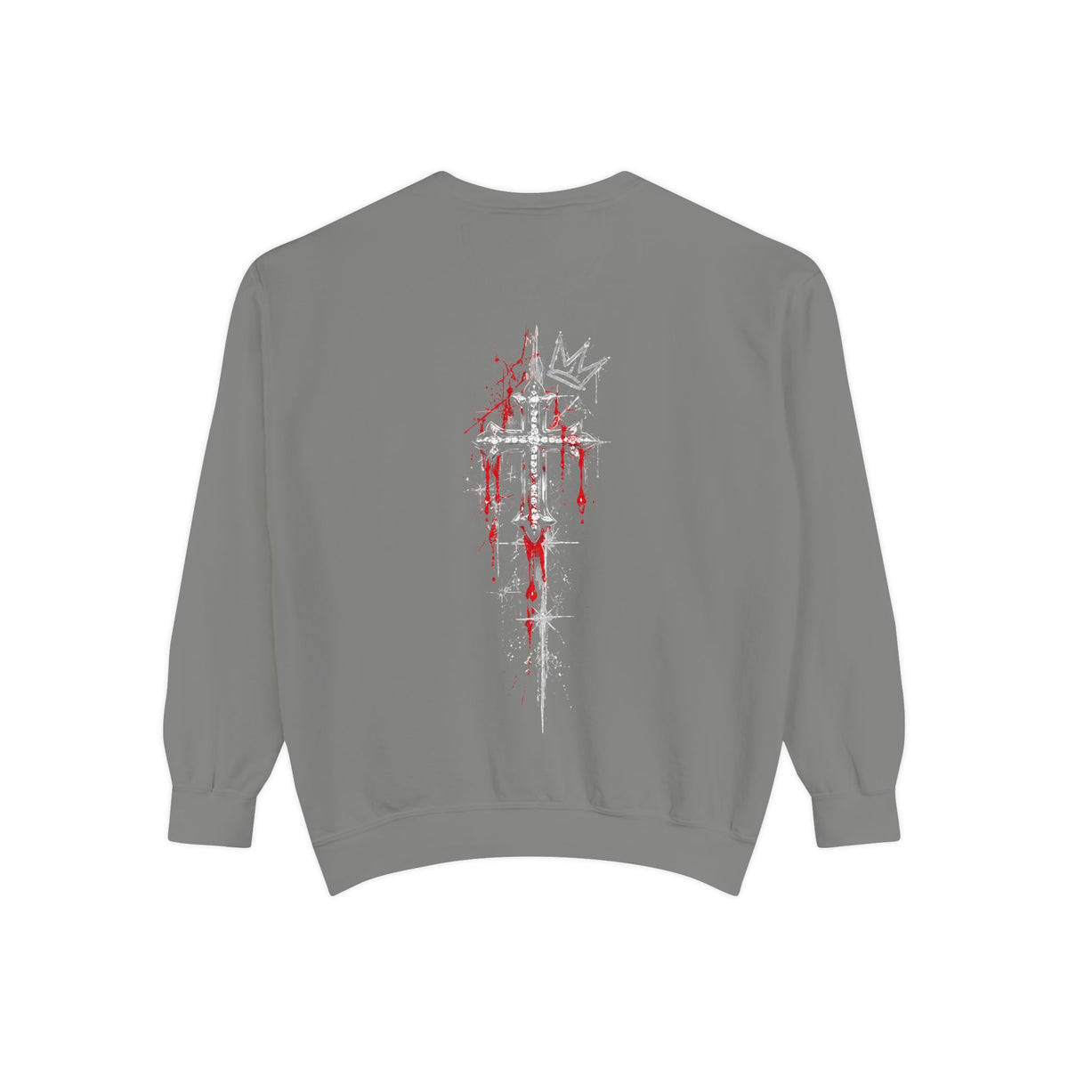 Gray sweatshirt back featuring a distressed white cross with red splatters and a crown, embodying gothic streetwear aesthetics.